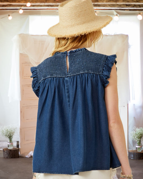 Let's Get Together Smocked Denim Top in Dark Denim