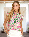 Garden Glow Floral Print Ruffle Trim Blouse in Pink