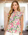 Garden Glow Floral Print Ruffle Trim Blouse in Pink