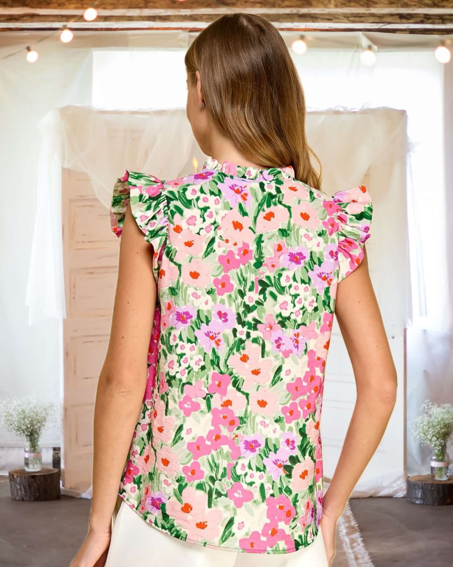 Garden Glow Floral Print Ruffle Trim Blouse in Pink