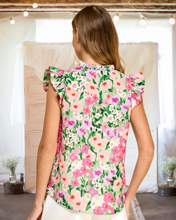 Garden Glow Floral Print Ruffle Trim Blouse in Pink