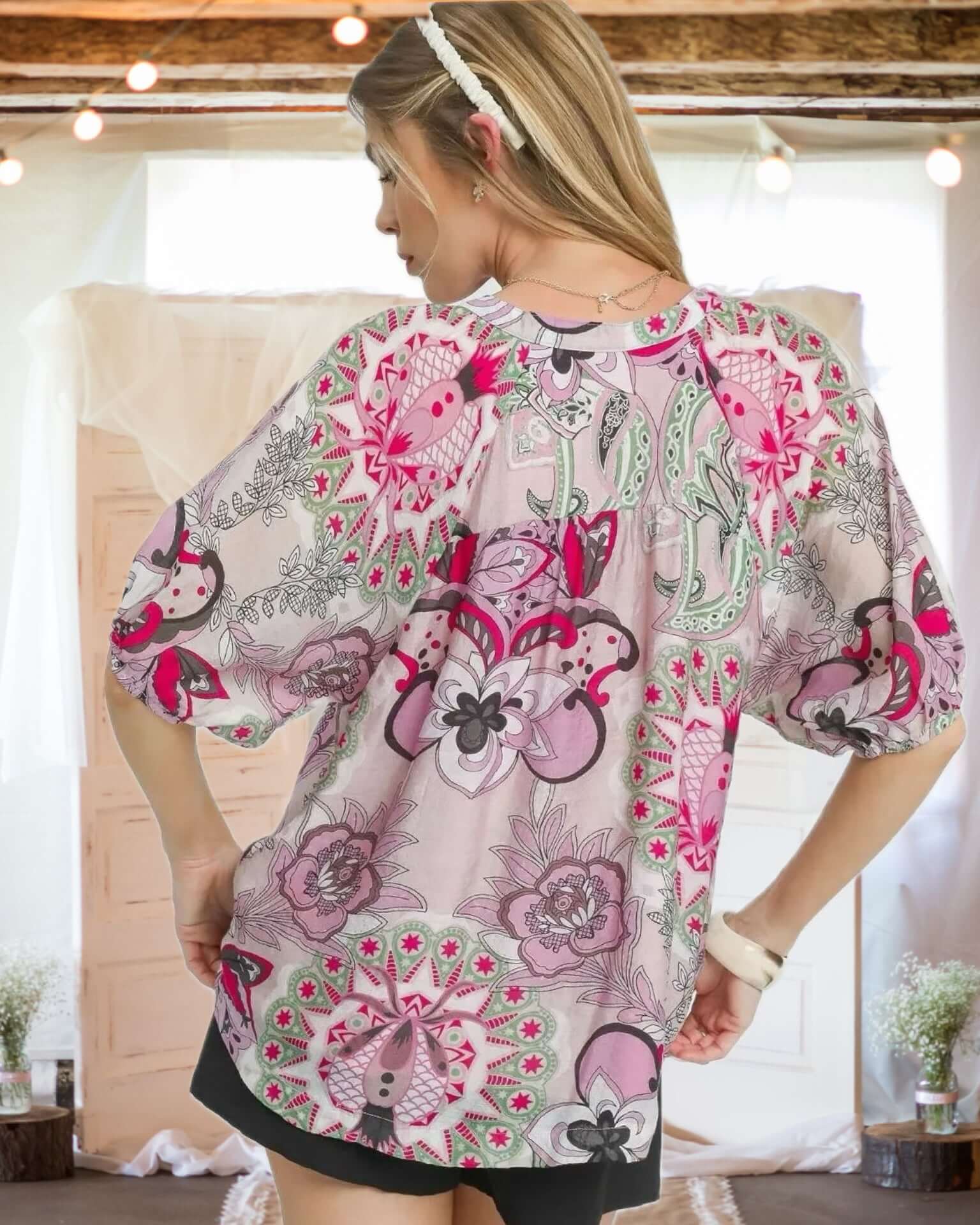 Umgee: Lost in Your Eyes Floral Print Blouse in Blush Pink