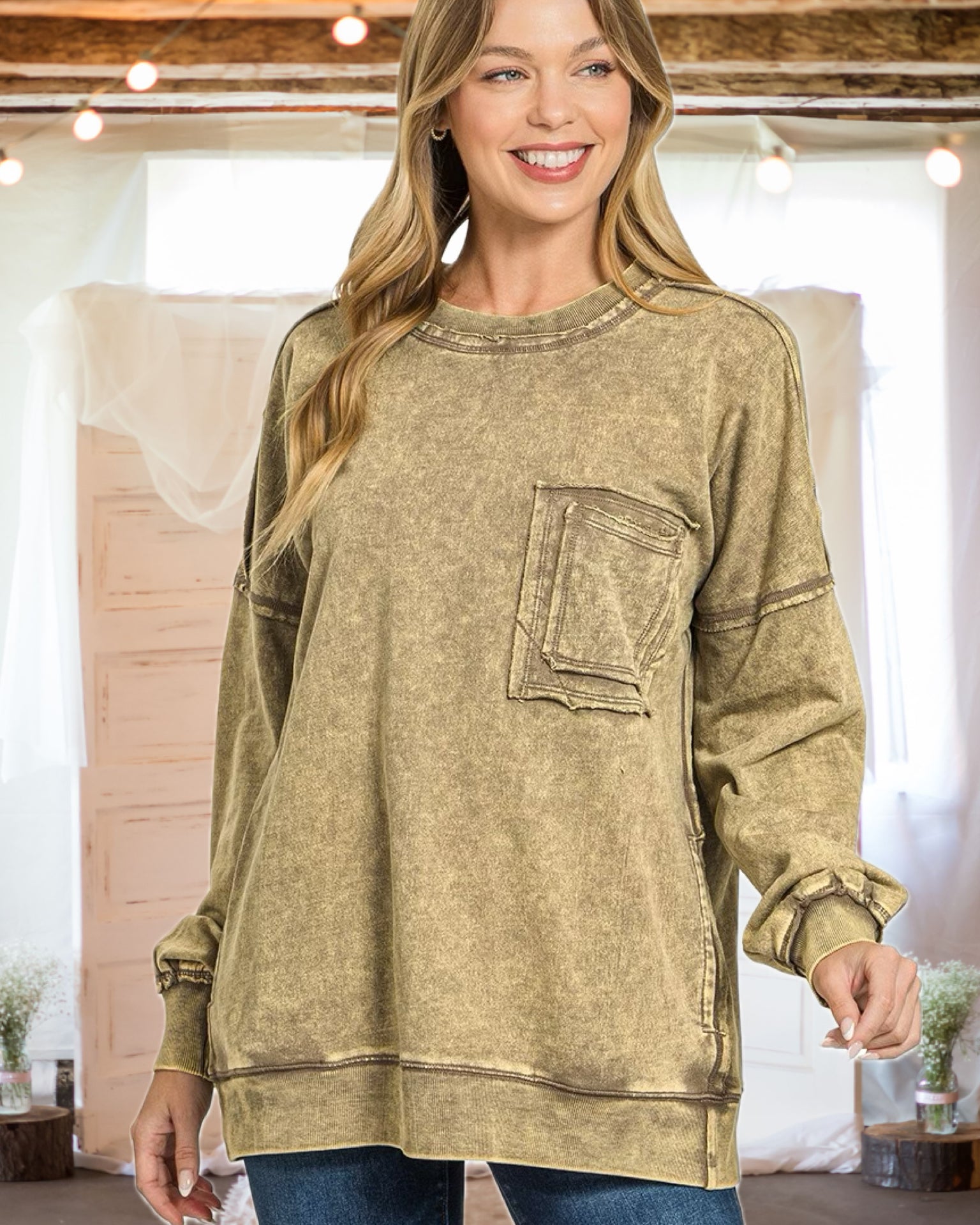Ready, Set, Relax! Acid Wash French Terry Pullover in Mocha