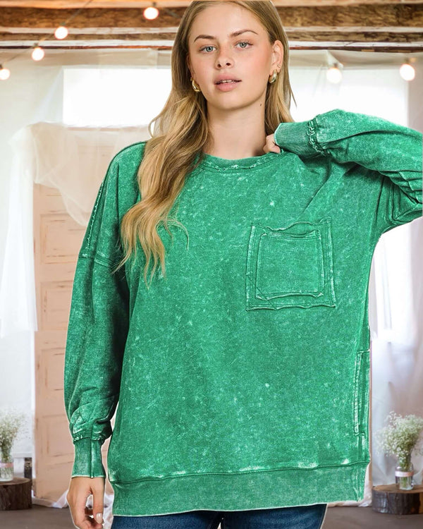Ready, Set, Relax! Acid Wash French Terry Pullover in Forest Green