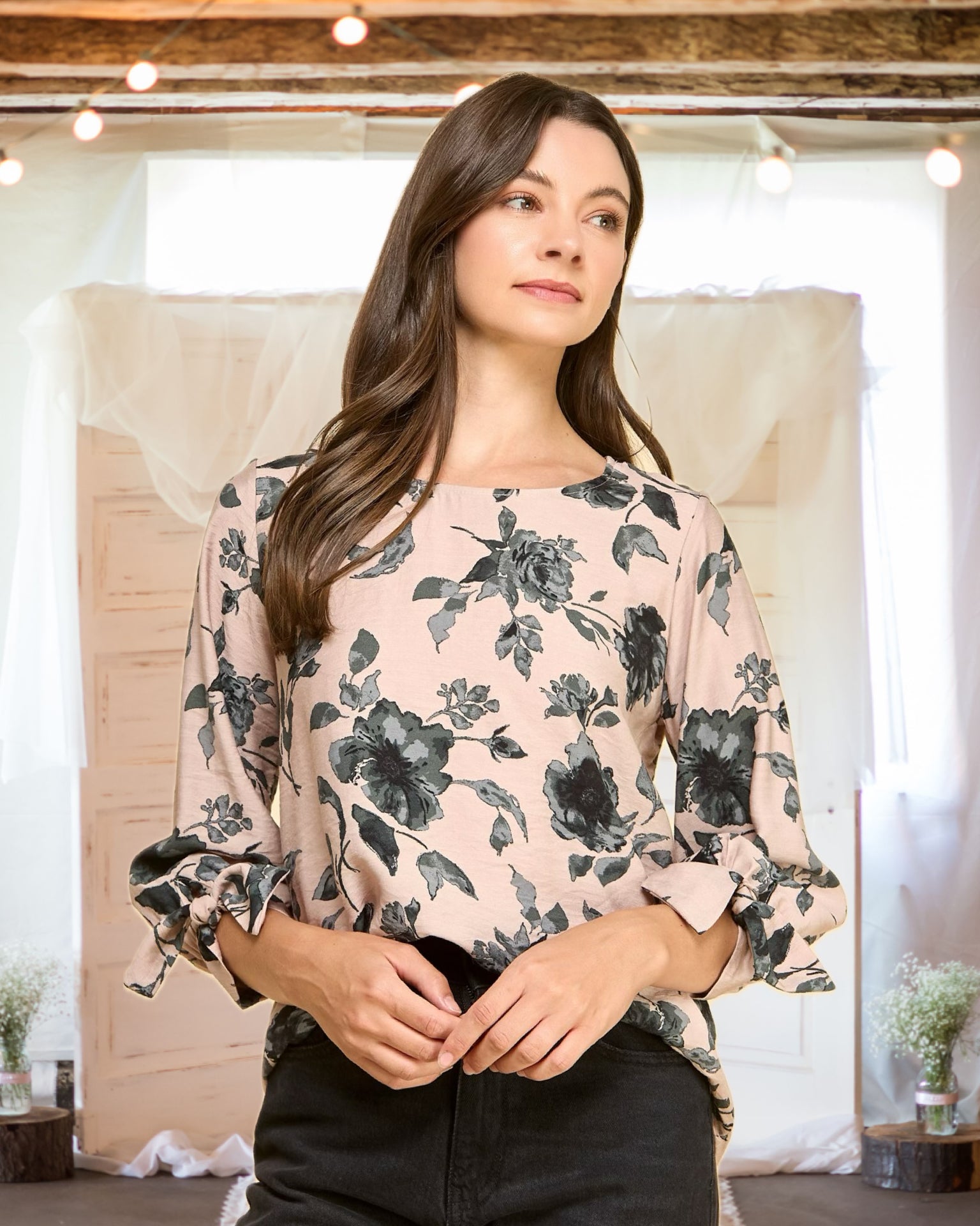 Maya Three-Quarter Tie Sleeve Floral Blouse in Mauve