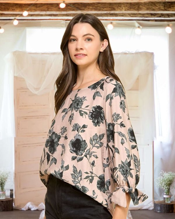 Maya Three-Quarter Tie Sleeve Floral Blouse in Mauve