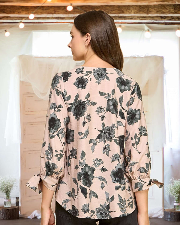 Maya Three-Quarter Tie Sleeve Floral Blouse in Mauve