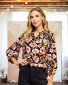 Elena Floral Print Three-Quarter Sleeve Blouse in Black