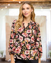 Elena Floral Print Three-Quarter Sleeve Blouse in Black