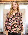 Elena Floral Print Three-Quarter Sleeve Blouse in Black