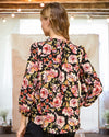 Elena Floral Print Three-Quarter Sleeve Blouse in Black