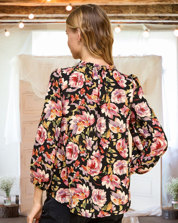 Elena Floral Print Three-Quarter Sleeve Blouse in Black