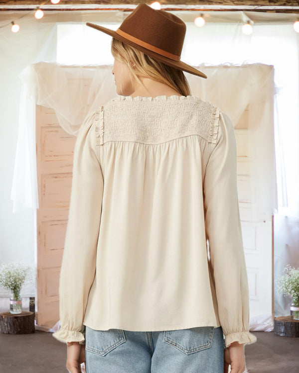 Delia Ruffle and Smocked Blouse in Natural