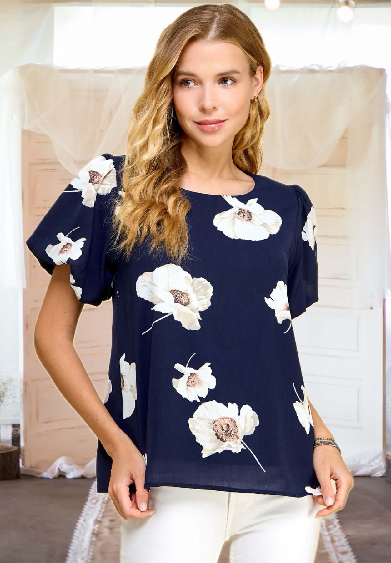 Something To Talk About Floral Blouse in Navy