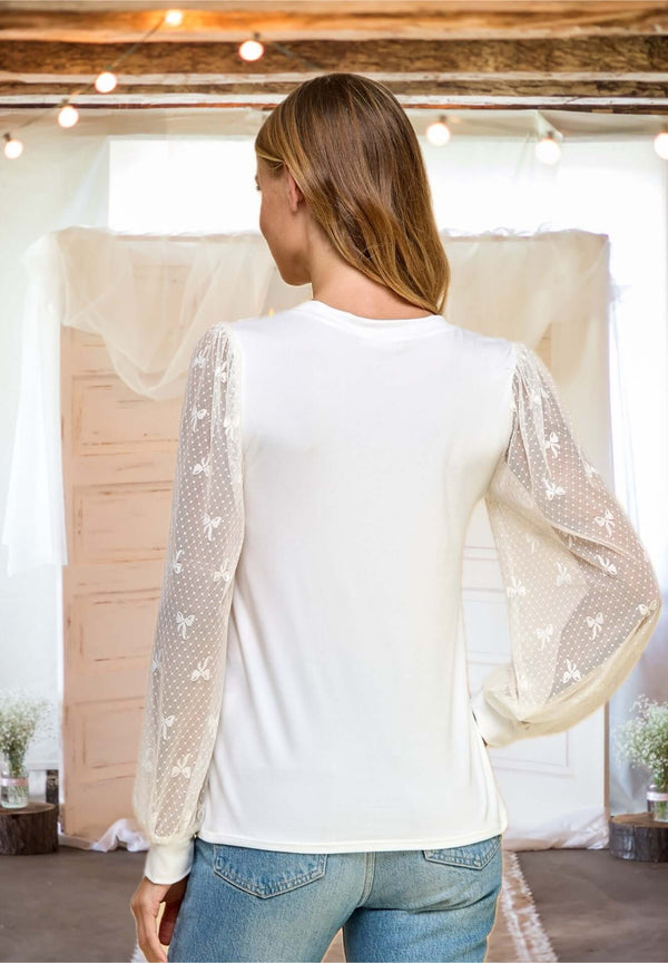 Smitten With You Bow Lace Sleeve Top in White