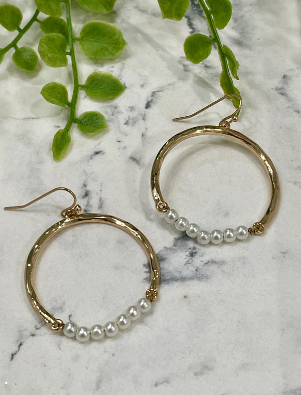 Veronica Hammered Gold Hoop and Pearl Earrings