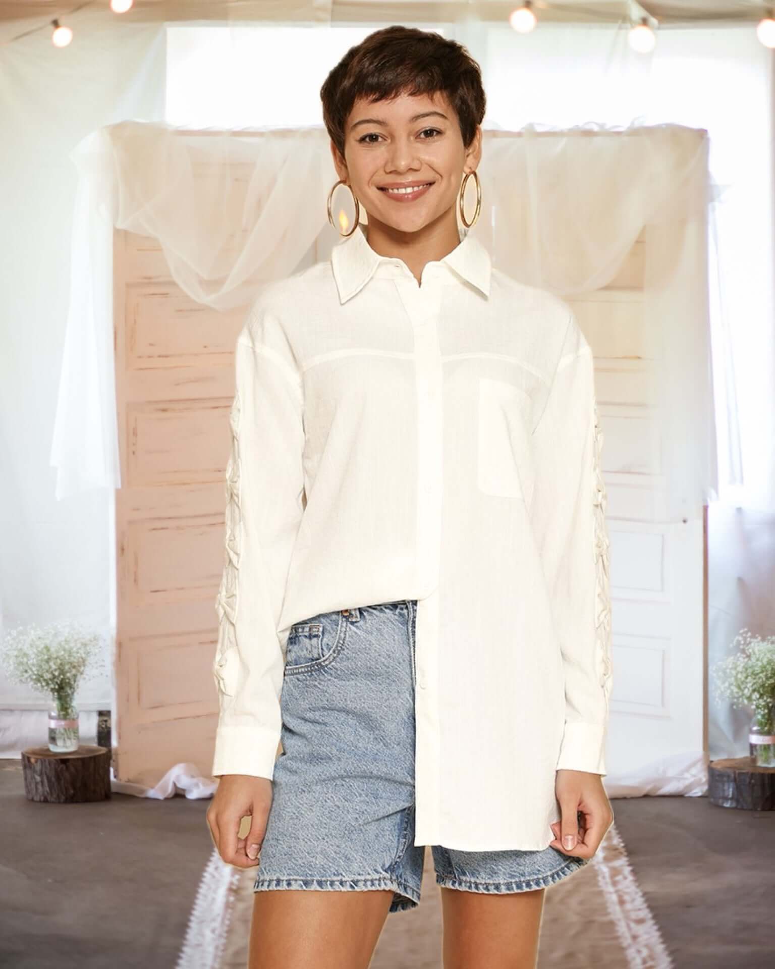 Endless Charm Bow Sleeve Button Down Shirt in White