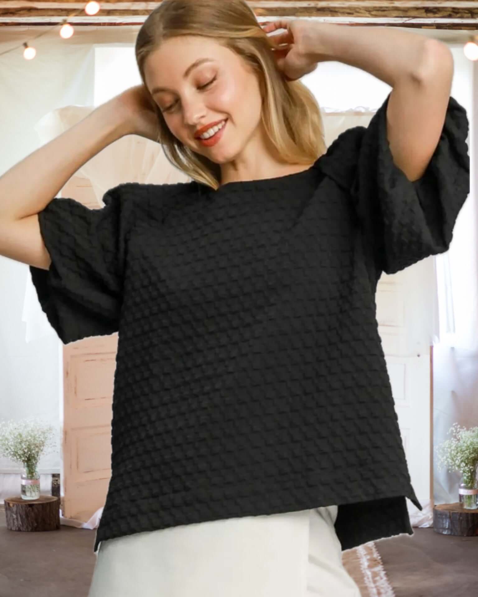Umgee: You and Me Together Boxy Cut Jacquard Top in Black - Misses and Curvyw