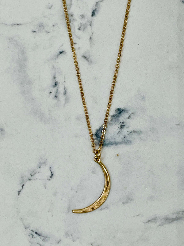Small Hammered Crescent Moon Pendant Necklace in Gold