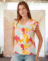 Lift You Up Abstract Print Ruffle Blouse in Rose Pink Mix