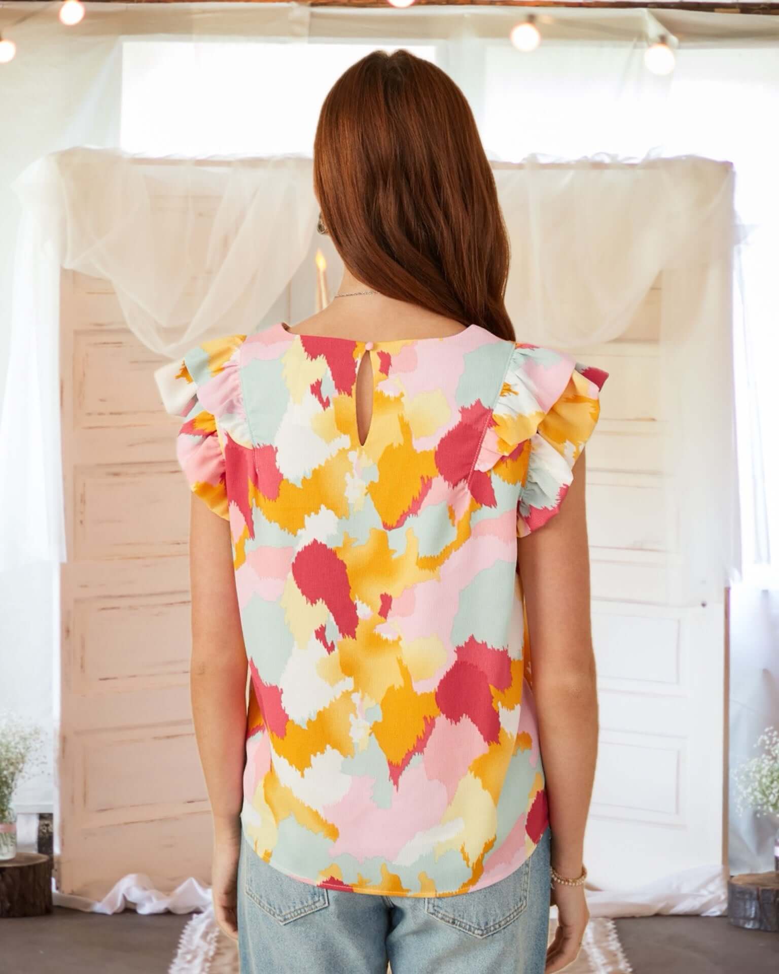 Lift You Up Abstract Print Ruffle Blouse in Rose Pink Mix