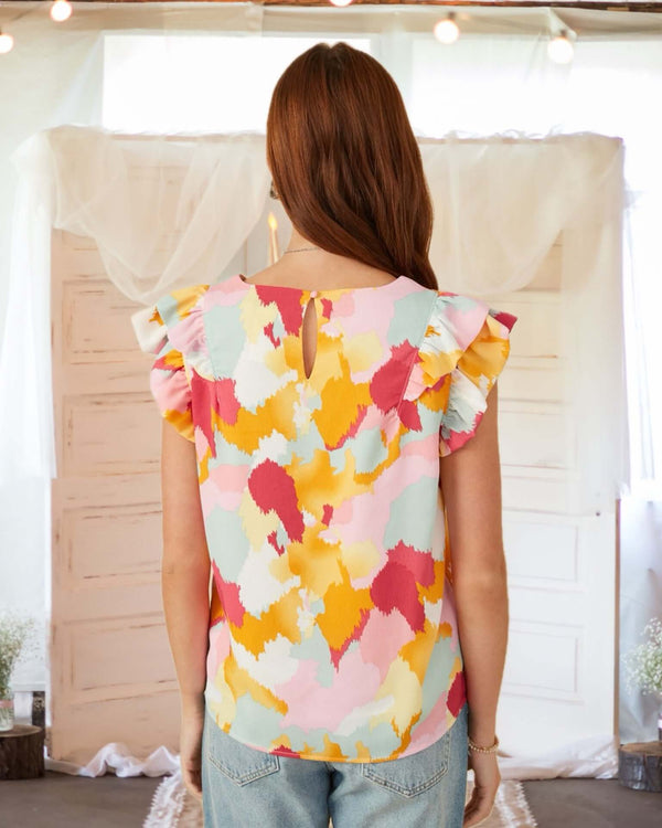 Lift You Up Abstract Print Ruffle Blouse in Rose Pink Mix
