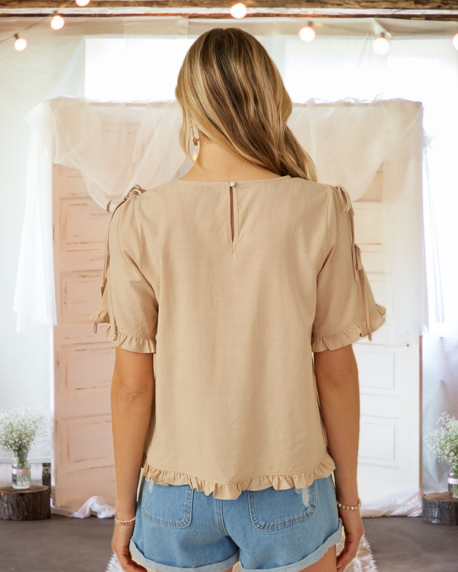 On My Mind Open Tied Sleeve Blouse in Taupe