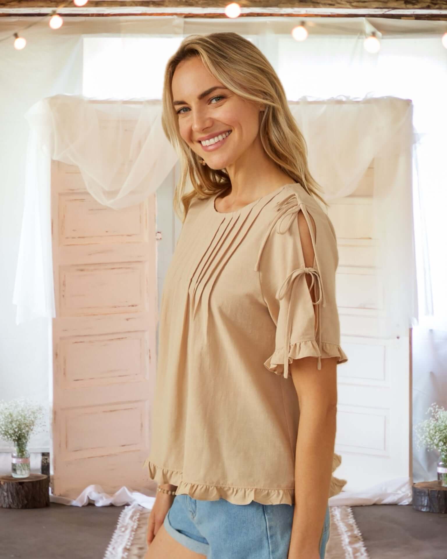 On My Mind Open Tied Sleeve Blouse in Taupe