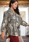 This is the Time Mixed Print Babydoll Top in Black/Tan - Curvy