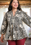 This is the Time Mixed Print Babydoll Top in Black/Tan - Curvy