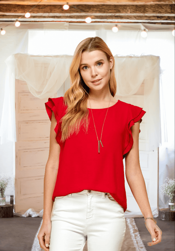 In the Moment Ruffle Sleeve Blouse in Red