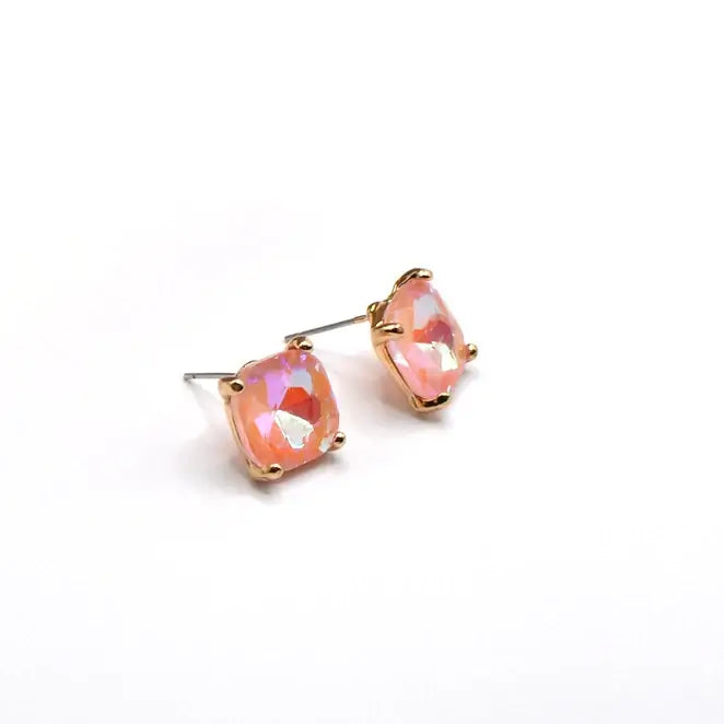 Broadway 12mm Cushion Cut Square Crystal Glass Bead Stud Earrings in Pink AB