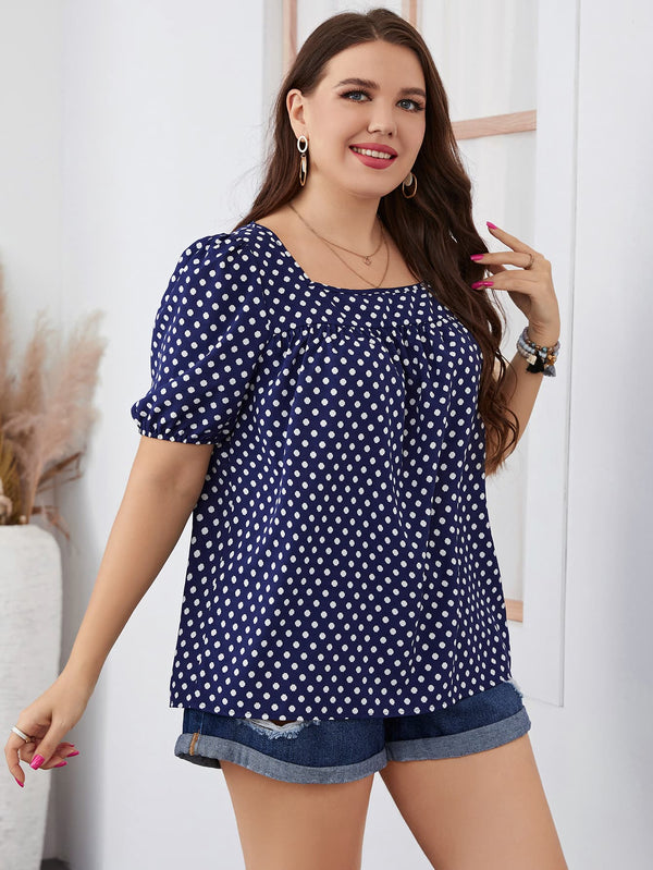 Always Have Polka Dot Square Neck Blouse in Navy - Curvy
