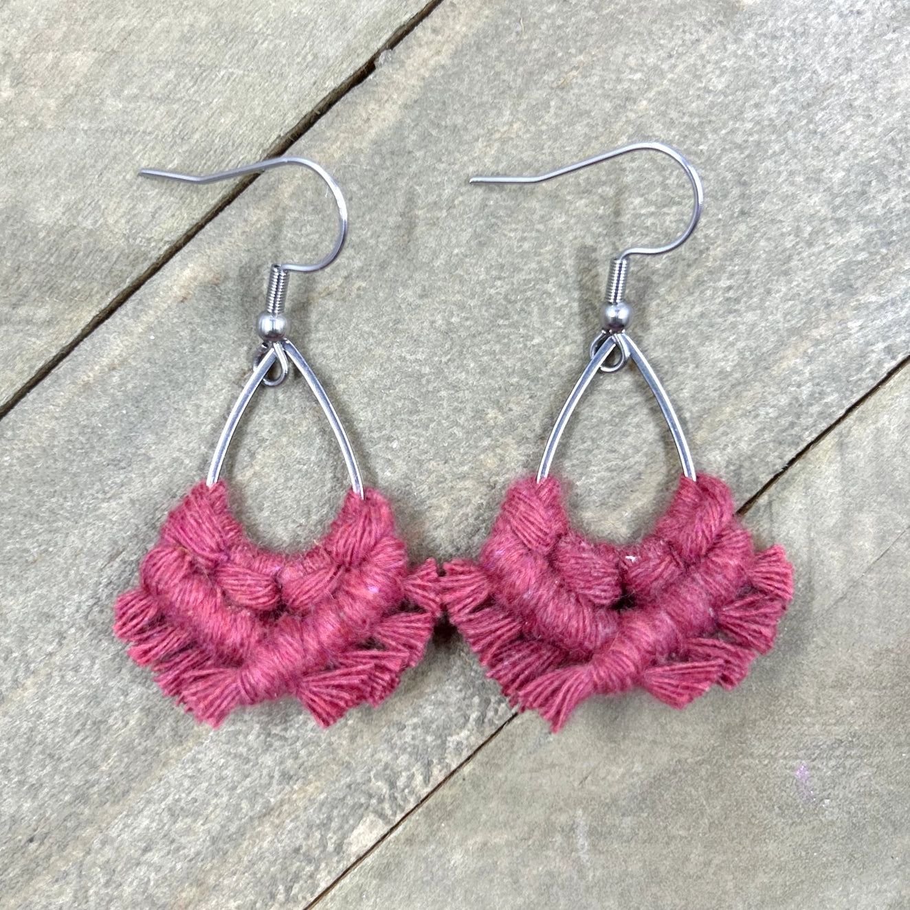 Just For Fun Knot Macrame Teardrop Earrings in Wild Rose and Silver