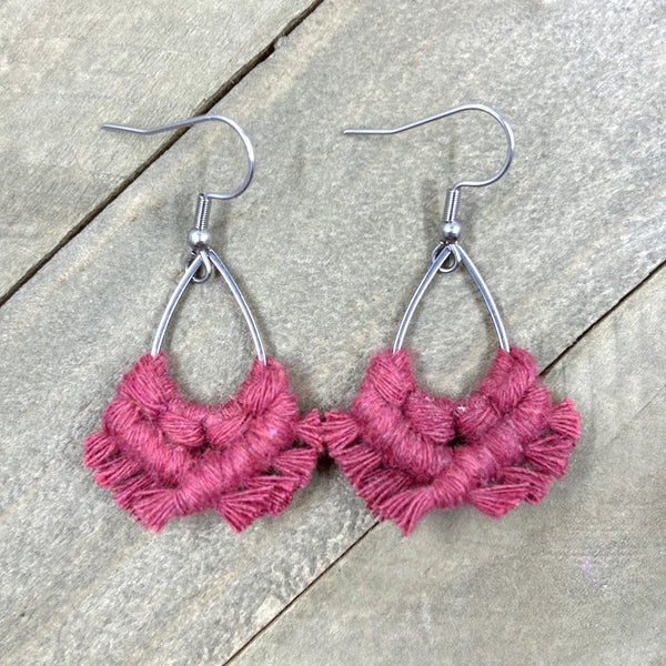 Just For Fun Knot Macrame Teardrop Earrings in Wild Rose and Silver
