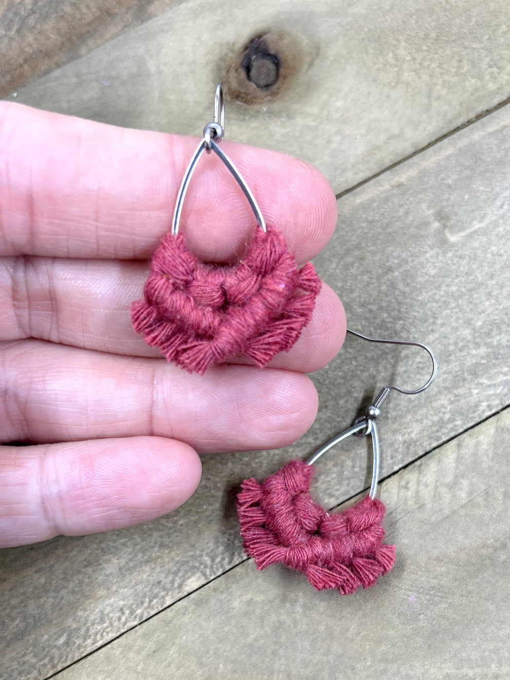 Just For Fun Knot Macrame Teardrop Earrings in Wild Rose and Silver