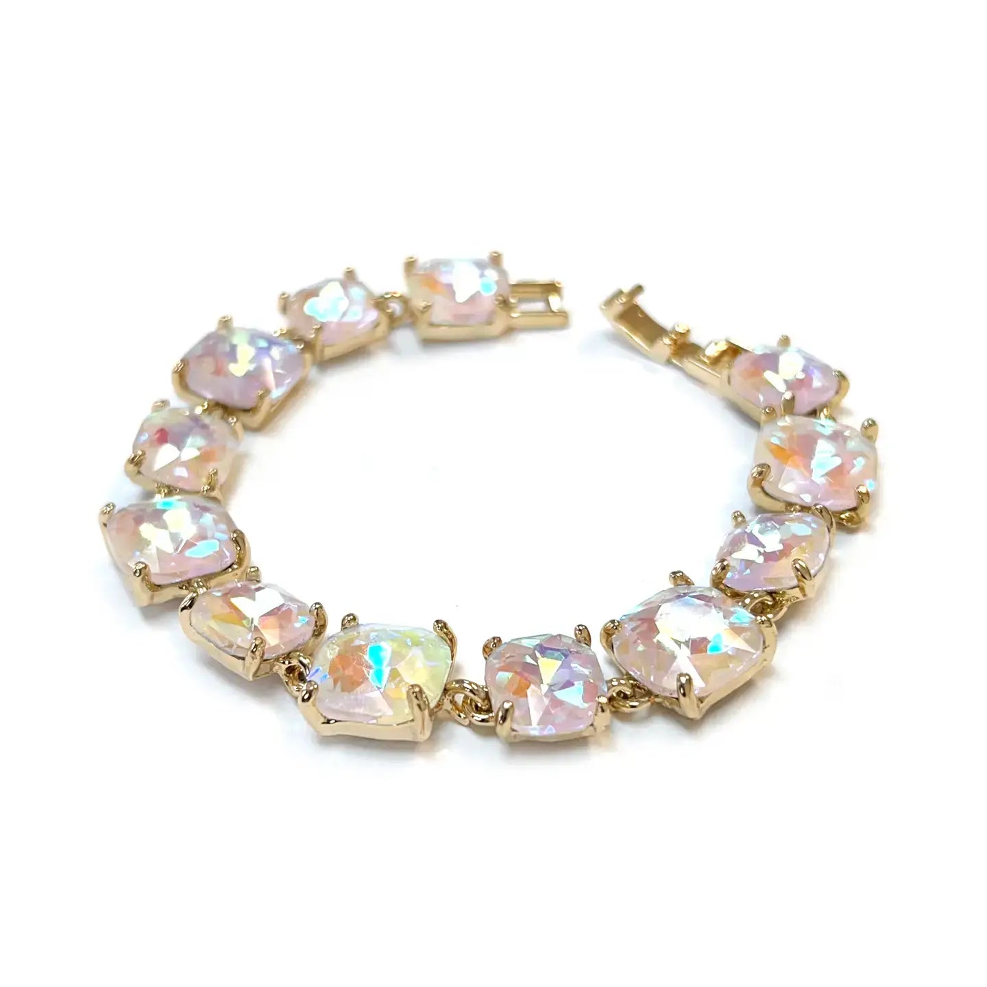 Broadway Square Cushion Cut Crystal Glass Linked Bracelet in White Aurora Borealis