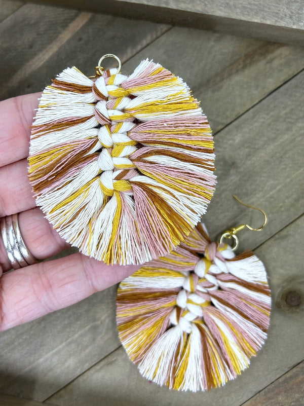 Fringy Feather Macrame Earrings in Mustard Mix and Gold
