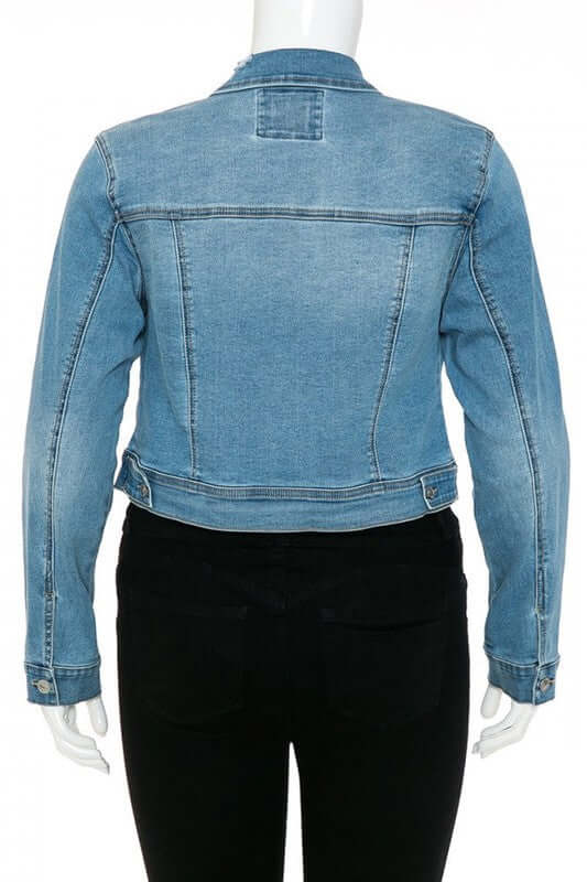 Classic Destructed Crop Denim Jacket in Medium Blue - Curvy