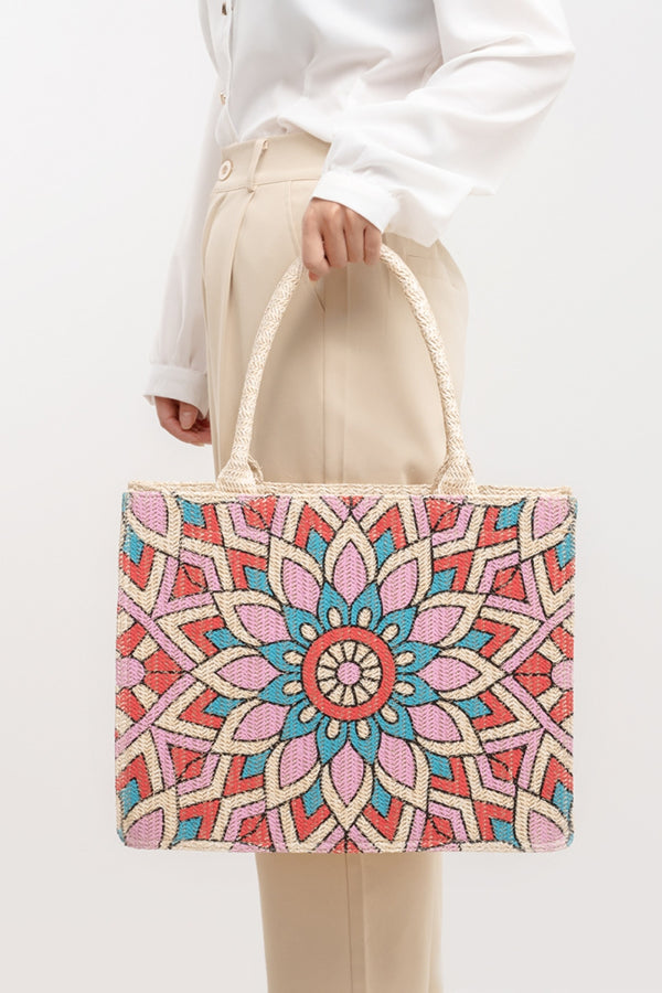 Geometric Flower Straw Weave Tote Bag in Pink or Lilac