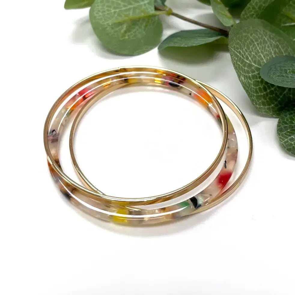 Make the Move White Tortoise and Gold Wire Bangle Bracelet Set