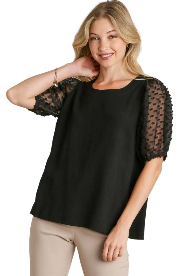 Margot Linen Puff Sleeve Top in Black