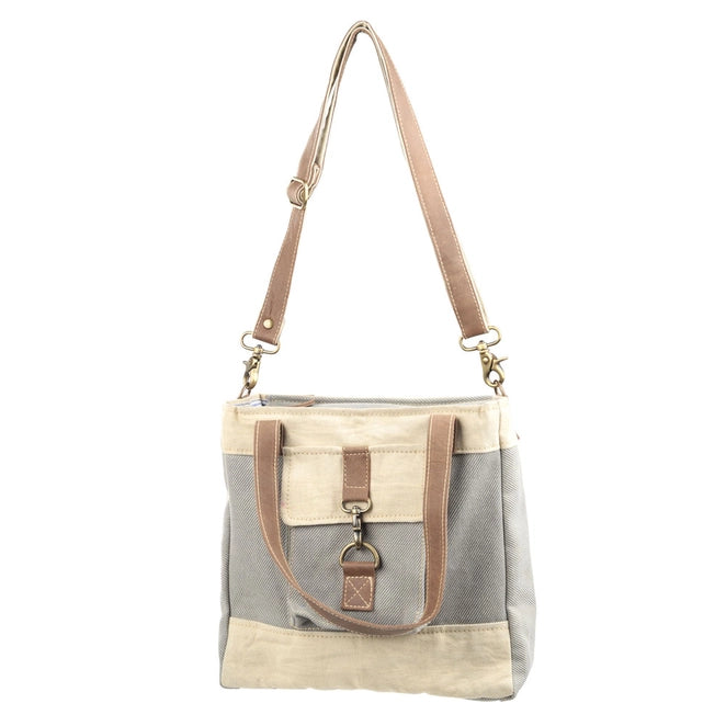 Stephanie Mixed Fabric Canvas Crossbody Tote in Grey and Cream