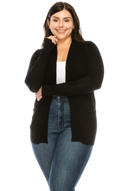 Face the Day Open Front Cardigan in Black - Curvy