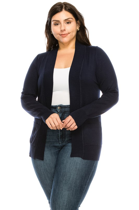 Face the Day Open Front Cardigan in Navy - Curvy