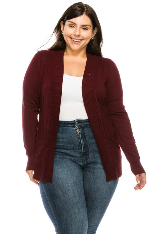 Face the Day Open Front Cardigan in Burgundy - Curvy