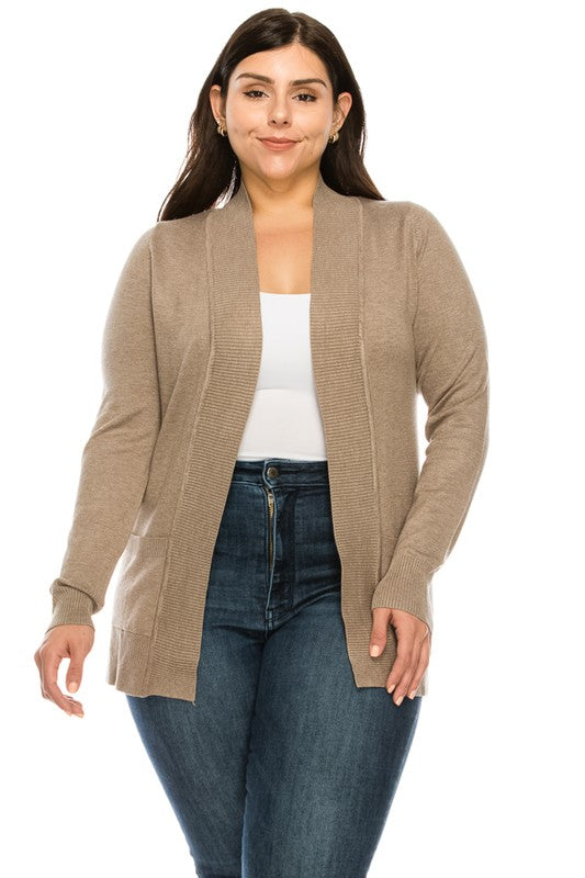 Face the Day Open Front Cardigan in Camel - Curvy