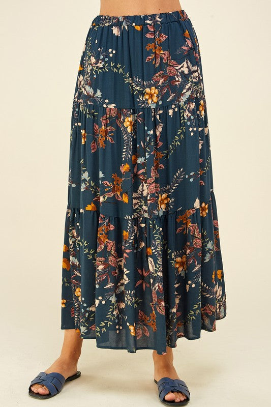 Simply the Best Floral Tiered Skirt in Teal