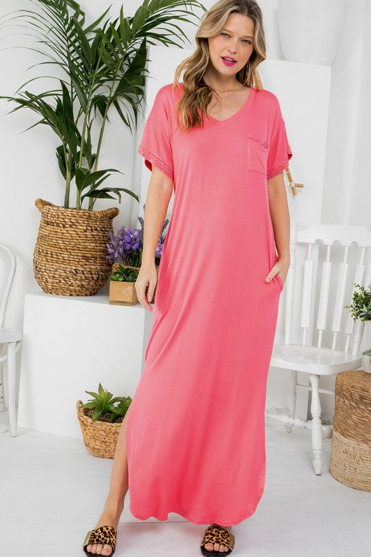 Weekend Vibes Rhinestone Trim Jersey Maxi Dress in Four Colors