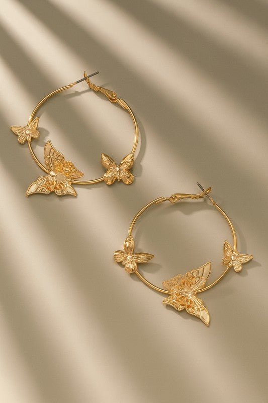 Fluttering Butterfly Adorned Hoops in Gold